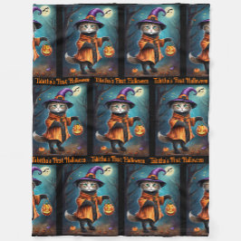 Första Halloween Cute Witch Cat Add Baby Namn Fleecefilt