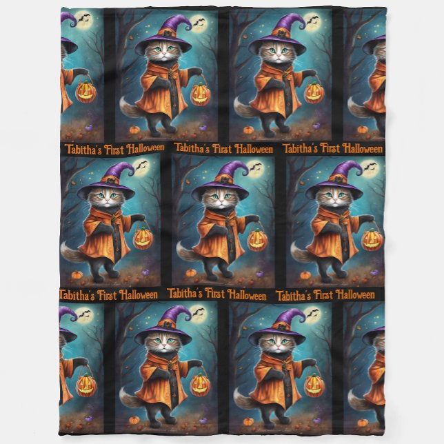 Första Halloween Cute Witch Cat Add Baby Namn Fleecefilt (Skapare uppladdad)