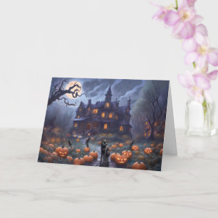 Första Halloween i New Home Cute Haunted House Cat Kort