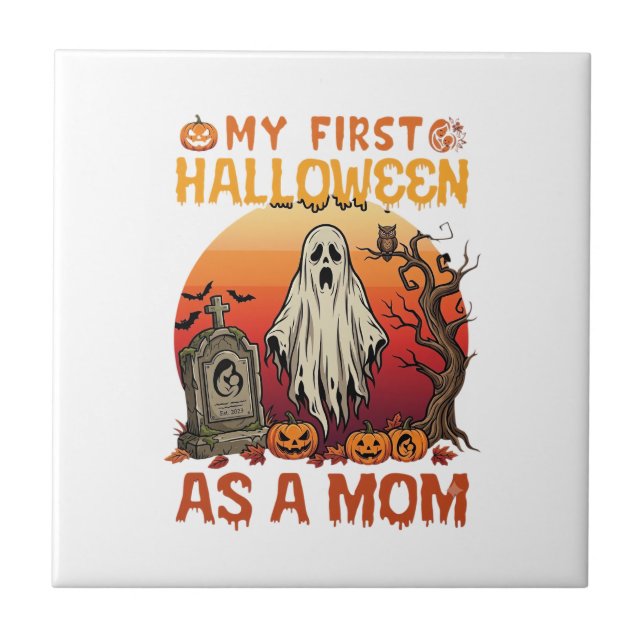 Första Halloween Mamma Spöktom Gravsten Pumpa_1 Kakelplatta (Framsidan)