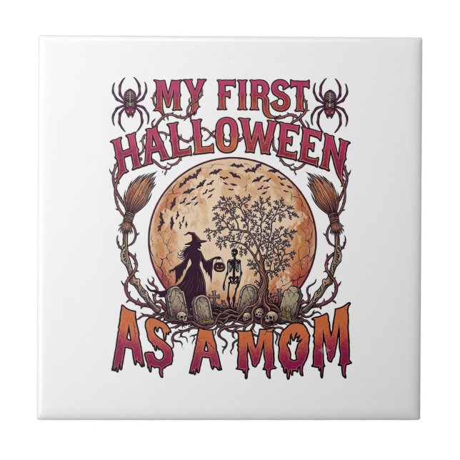 Första Halloween som Mamma Häxa Skelett Måne_1 Kakelplatta (Framsidan)