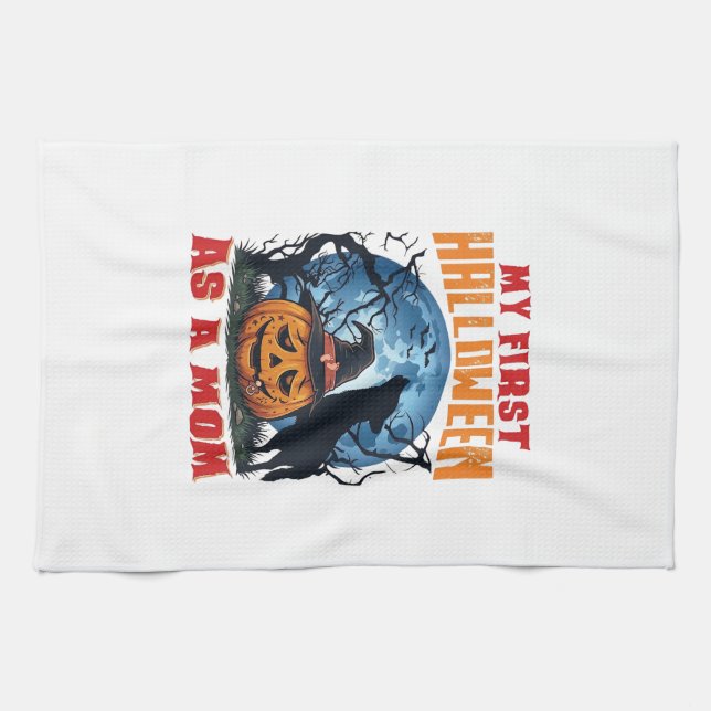 Första Halloween som mamma Pumpkin Wolf Moon_1 Kökshandduk (Horisontell)