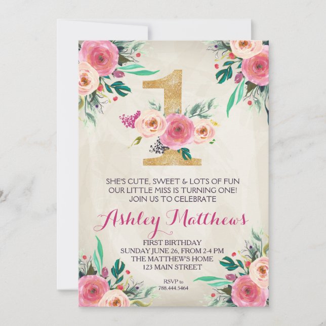 FÖRSTA härliga blom- inbjudan för 1ST födelsedag, (Framsida)