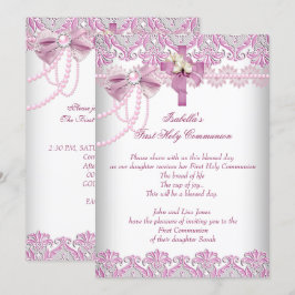 Första heliga kommunion 1:a Flickor Rosa Pärl Spet Inbjudningar