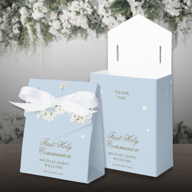Första heliga kommunion Blommande vit blomning blå Presentaskar (First Holy Communion Floral White Blossom Blue Favor Boxes)