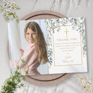 Första heliga kommunion Blommig lövverk Foto Tack Kort