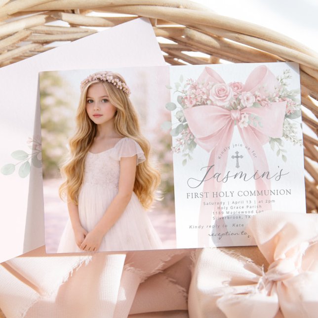 Första heliga kommunion Blush Rosa Slinga Foto Inbjudningar (Skapare uppladdad)