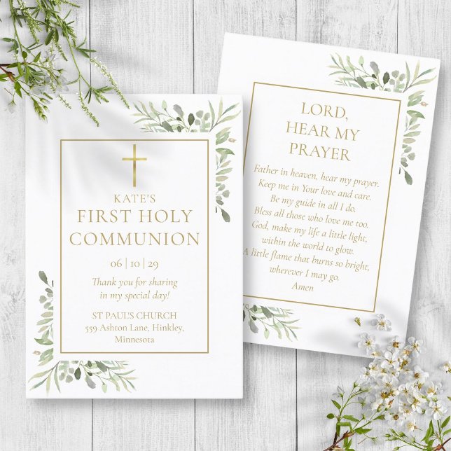 Första heliga kommunion bönekort med grönska (Greenery First Holy Communion Prayer Card)