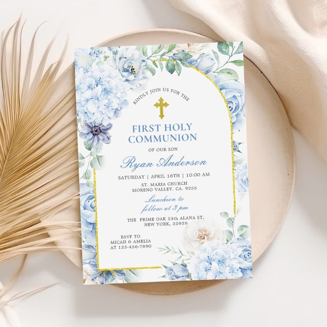 Första heliga kommunion Dammig blå blommig Inbjudningar (Skapare uppladdad)