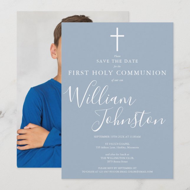 Första heliga kommunion Dammig blå skript Foto Spara Datumet (Fram/baksida)