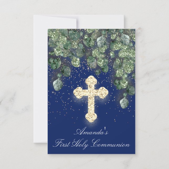 Första heliga kommunion Dop Kristen Kors Navy Inbjudningar (Baksida)