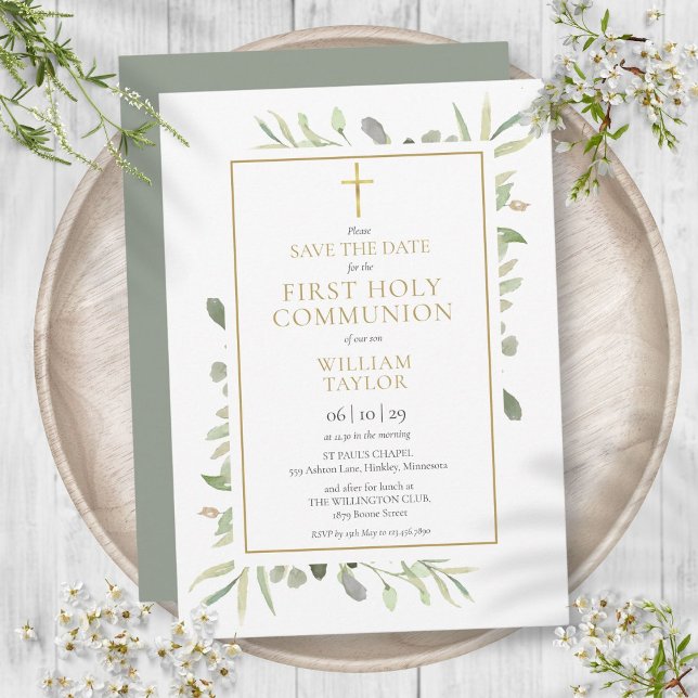Första heliga kommunion Elegant grönska Spara Datumet (First Holy Communion Elegant Greenery Save The Date)