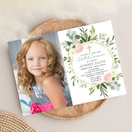 Första heliga kommunion eukalyptus grön rosa foto inbjudningar