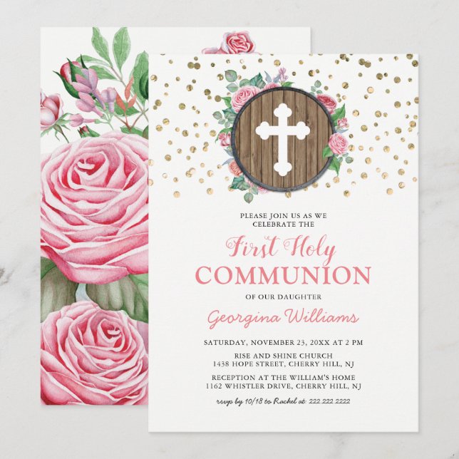 Första heliga kommunion flicka religiös kors inbjudningar (Fram/baksida)