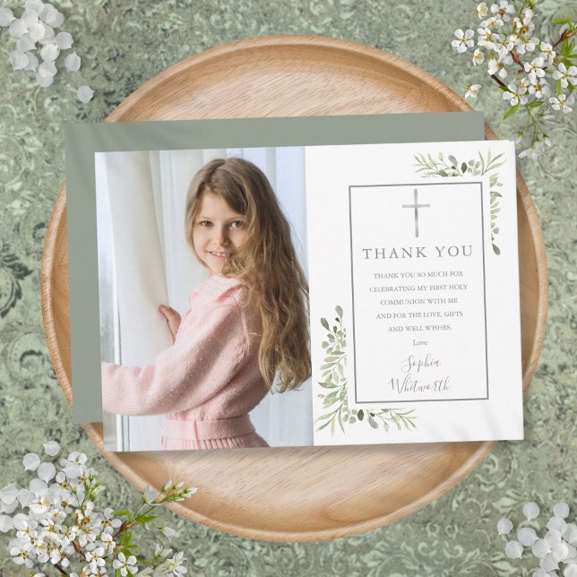 Första heliga kommunion grönsak foto tack kort (First Holy Communion Greenery Photo Thank You Card)