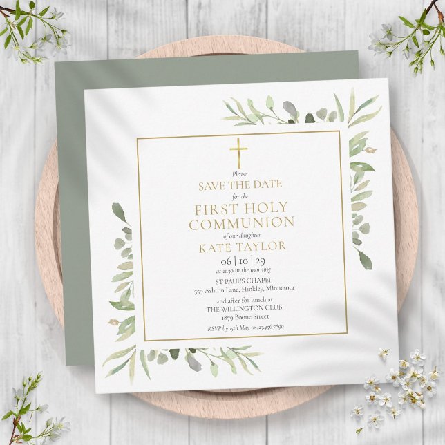 Första heliga kommunion Grönska Fyrkant Spara Datu Datumet (First Holy Communion Greenery Sqaure Save The Date)