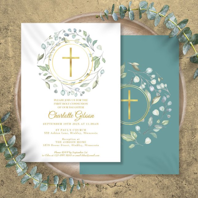 Första heliga kommunion Grönska Guld Kors Inbjudningar (First Holy Communion Greenery Gold Cross Invitation)