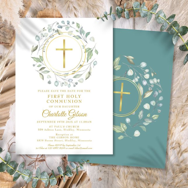 Första heliga kommunion Grönska Guld Kors Spara Datumet (First Holy Communion Greenery Gold Cross Save The Date)
