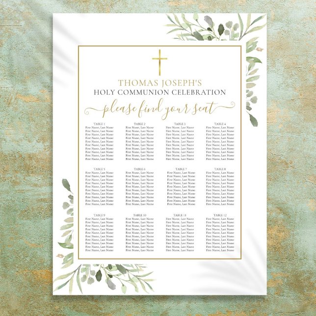 Första heliga kommunion Grönska Guld Sittplatskart Poster (First Holy Communion Greenery Gold Seating Chart)