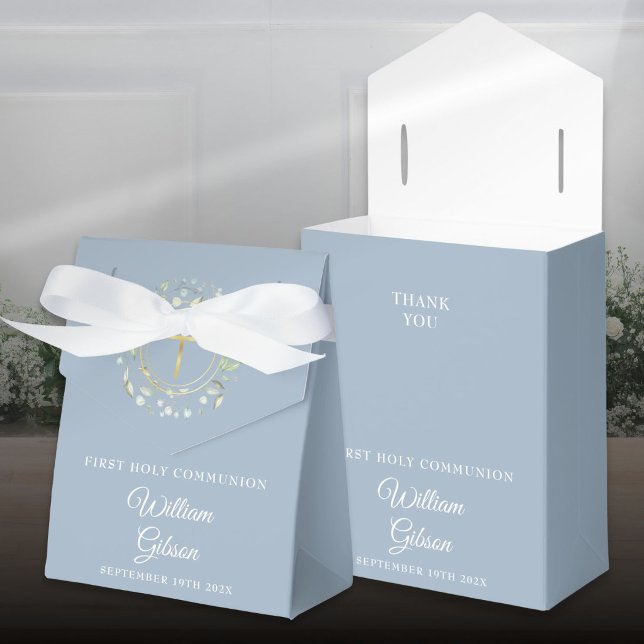 Första heliga kommunion Grönskande krans Dammt blå Presentaskar (First Holy Communion Greenery Garland Dusty Blue Favor Boxes)