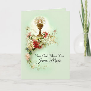 Första heliga kommunion Jungfru Maria Blommor Vint Helgkort