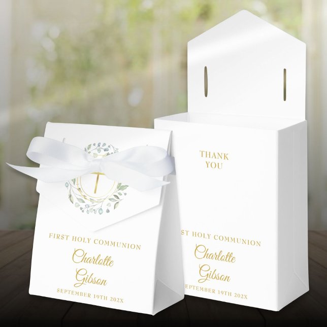 Första heliga kommunion lagergrönska krans presentaskar (First Holy Communion Laurel Greenery Garland Favor Boxes)