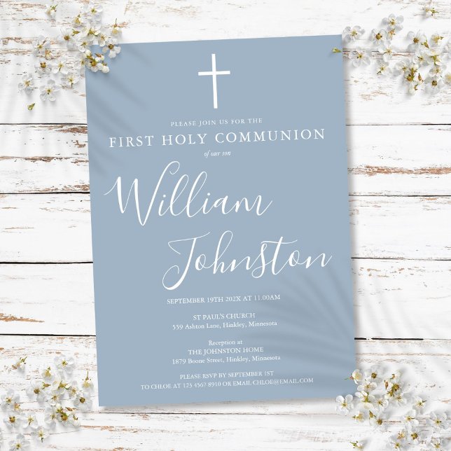 Första heliga kommunion Modern dammig blå Inbjudningar (First Holy Communion Modern Dusty Blue Invitation)