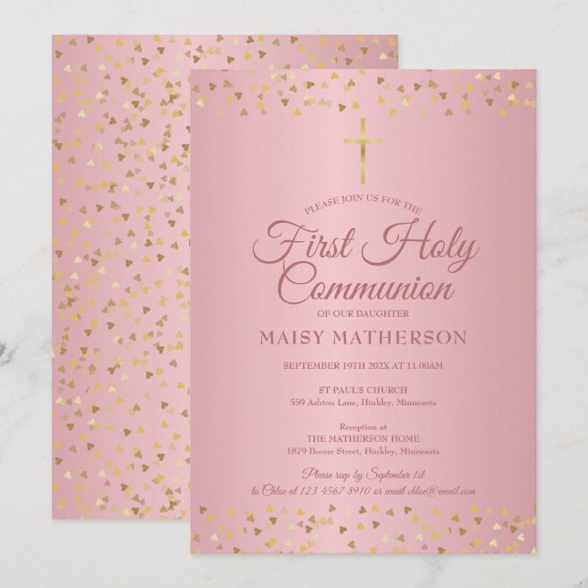 Första heliga kommunion Modern Rosa Guld Hjärtan Inbjudningar (Fram/baksida)