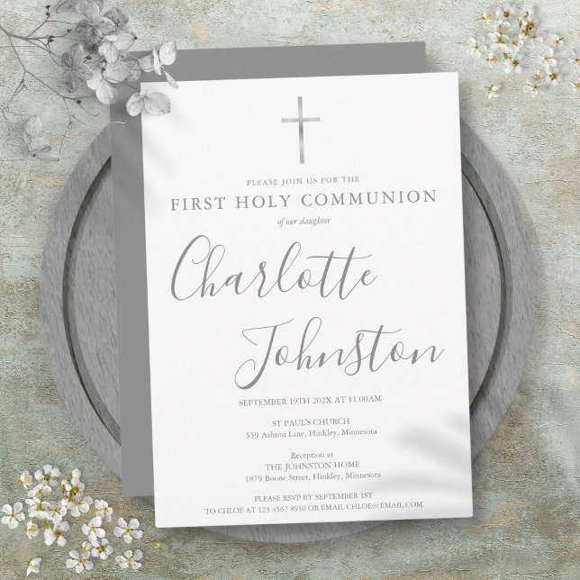 Första heliga kommunion Modern silverunderskrift  Inbjudningar (First Holy Communion Modern Silver Signature Invitation)