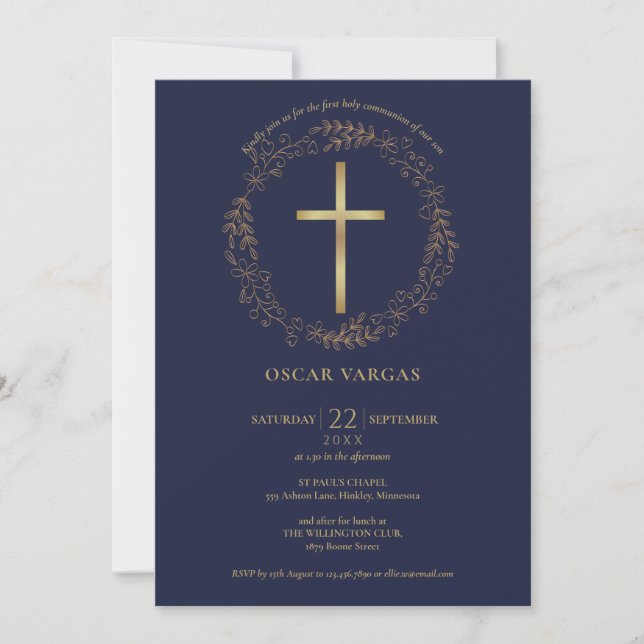 Första heliga kommunion Navyblå Guld Kors Blommig Inbjudningar (Framsida)