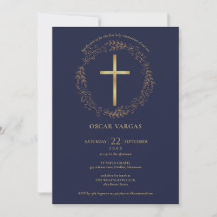 Första heliga kommunion Navyblå Guld Kors Blommig Inbjudningar