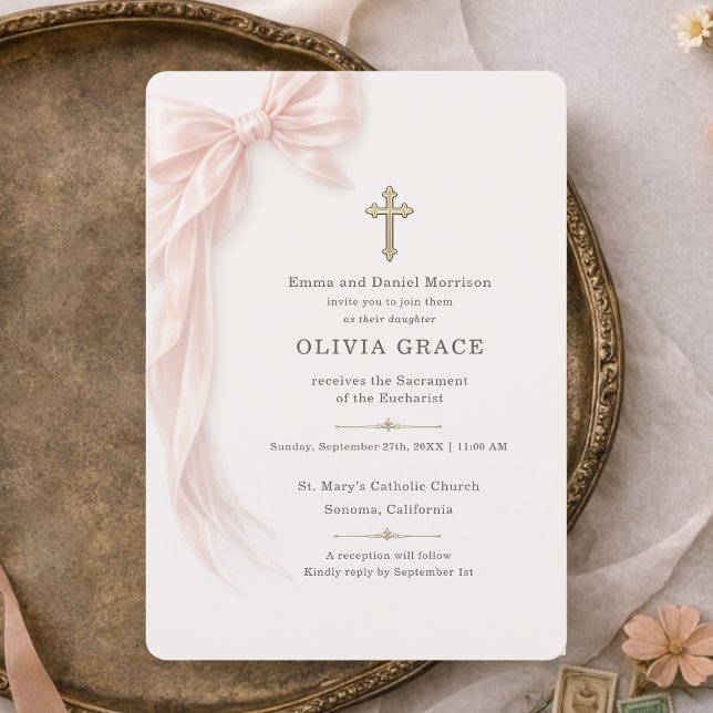 Första heliga kommunion Rosa band Flicka  Inbjudningar (Skapare uppladdad)