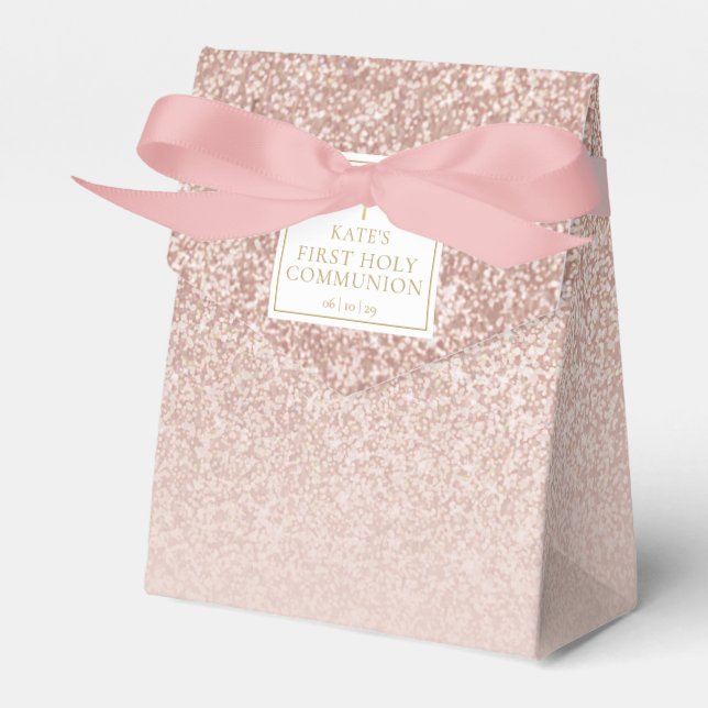 Första heliga kommunion Rosa Guld Glitter Presentaskar (Framsidan Sidan)