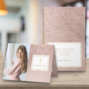 Första heliga kommunion Rose Guld Glitter Foto Tack Kort