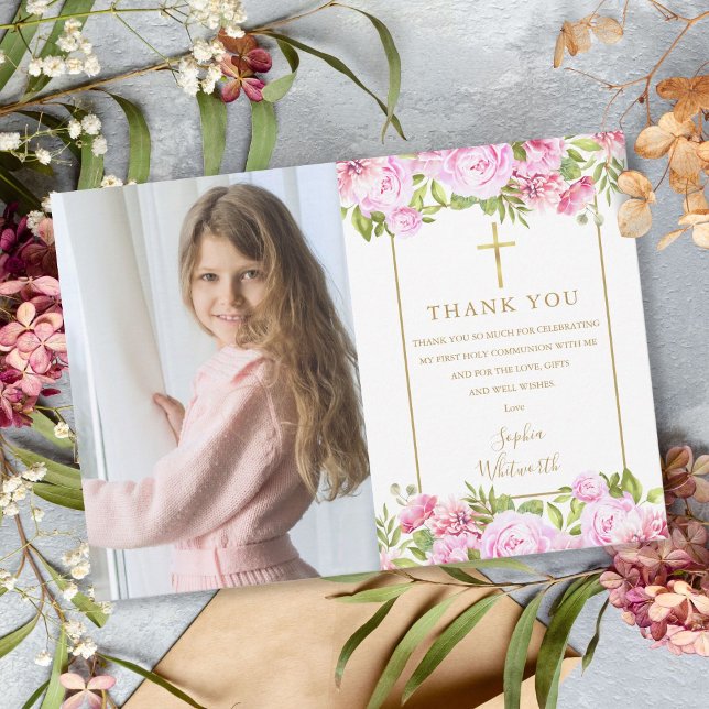 Första heliga kommunion Rosor Blommig Foto Tack Kort (Skapare uppladdad)