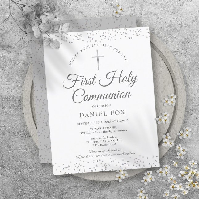 Första heliga kommunion Silver Stardust Spara datu Meddelande Vykort (First Holy Communion Silver Stardust Save The Date Announcement Postcard)