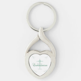 Första heliga kommunion, skript i mjuk grön twisted heart silverfärgad nyckelring