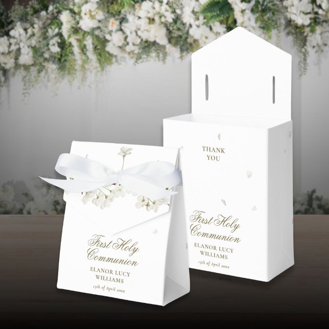 Första heliga kommunion Vit Blom Floral Presentaskar (First Holy Communion White Blossom Floral Favor Boxes)
