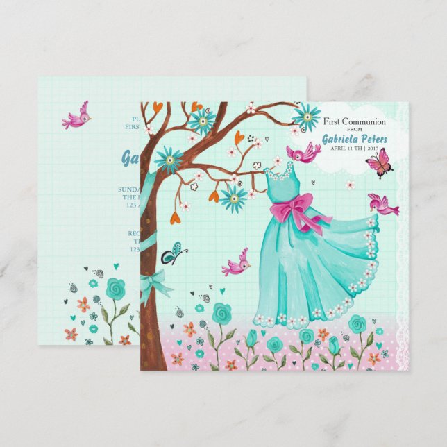 Första heliga kommunionklänning | Inbjudan flicka (Fram/baksida)