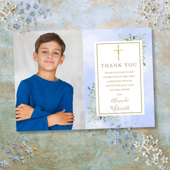 Första Heligan av Communion Blue Greenery Photo Tack Kort (First Holy Communion Blue Greenery Photo Thank You Card)