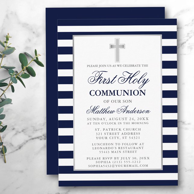 Första Heligan av gemenskap Silver Blue Stripe Inbjudningar (Customize to change text size, color or text style.)