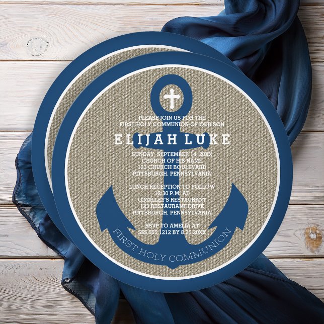 Första Heligan av kommissionen | Boy Nautical Anch Inbjudningar (First Holy Communion Boy Nautical Anchor Round Invitation - Print | Digital Download)