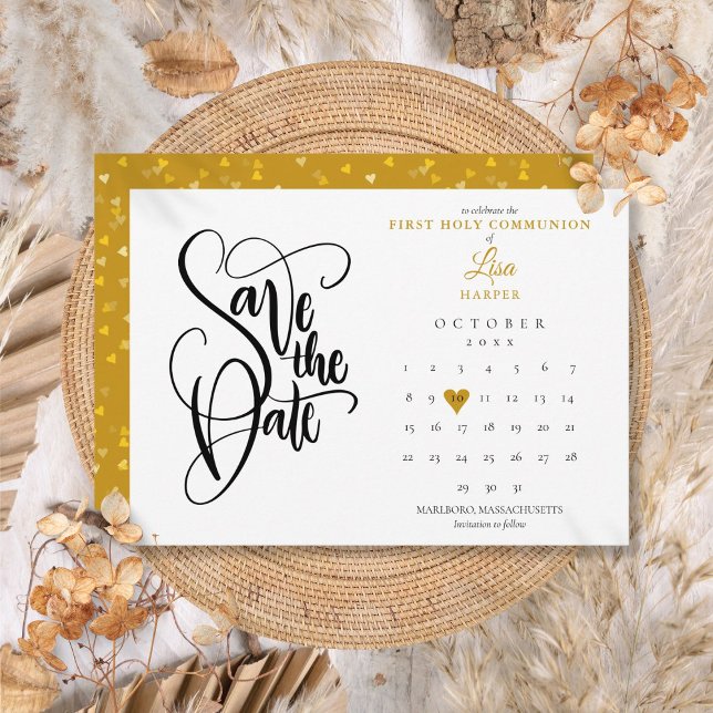 Första Heligan av kommunalkalendern Guld Heart Spara Datumet (First Holy Communion Calendar Gold Heart Save The Date)
