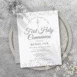 Första Heligan av kommunens Silver Stardust-Spara  Meddelande Vykort<br><div class="desc">En elegant First Heliga Communion sparar datuminbjudan med känsligt silver-startdamm. Du kan anpassa dig med dina speciella firande-detaljer i chic silver. Designad av Thisisnotme©</div>