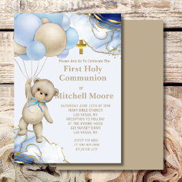 Första Heligan Bear Balloon Blue Guld Swirl Inbjudningar
