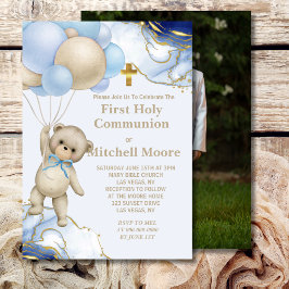 Första Heligan Bear Balloon Blue Guld Swirl Inbjudningar