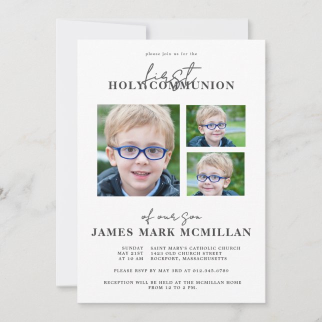 Första Heligan Communion 3-Photo Collage Boy Inbjudningar (Framsida)