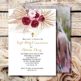 Första Heligan: Communion Boho Burgundy Pampas Gra Inbjudningar