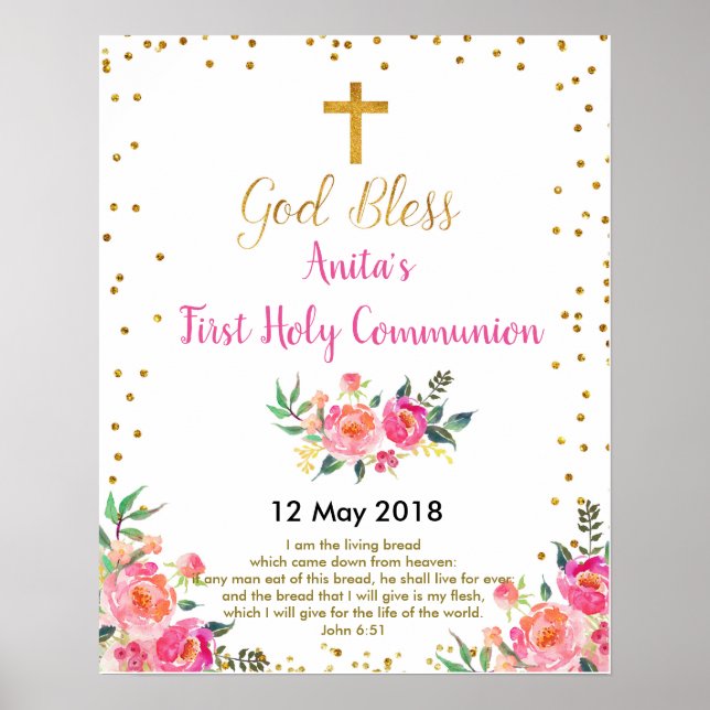 Första Heligan Communion Christening Party Sign Poster (Framsidan)