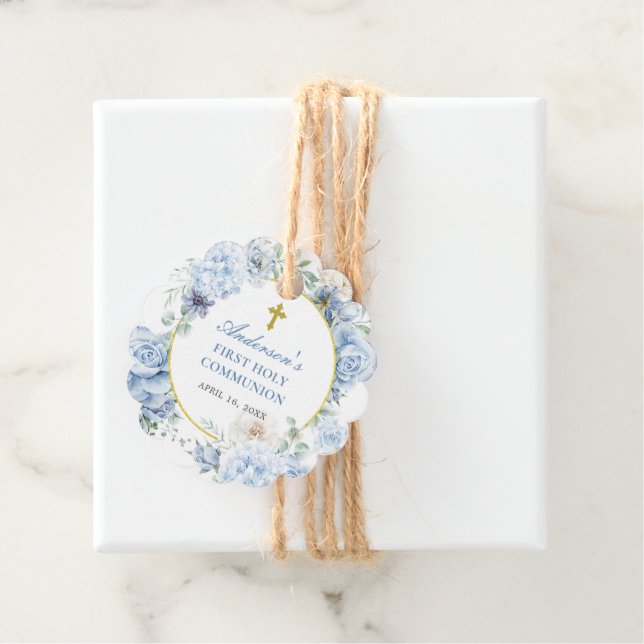 Första Heligan Communion Dusty Blue-Blommigt Gåvor Etiketter (På plats)